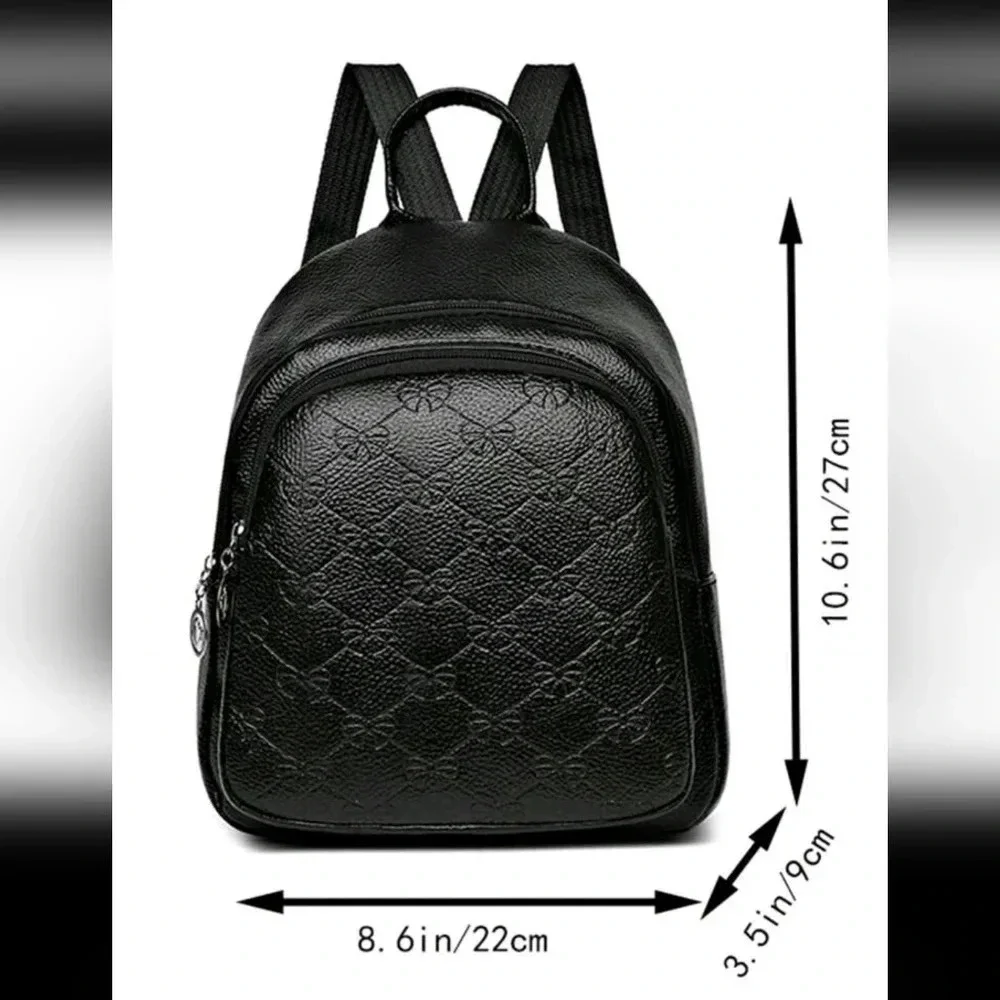 Black faux leather style bag purse women's handbag crossbody backpack bow print